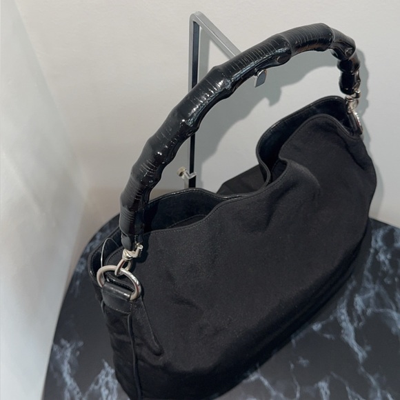 Gucci Bamboo Shoulder Bag Nylon Black Silver Handbag AUTHENTIC - Picture 2 of 14